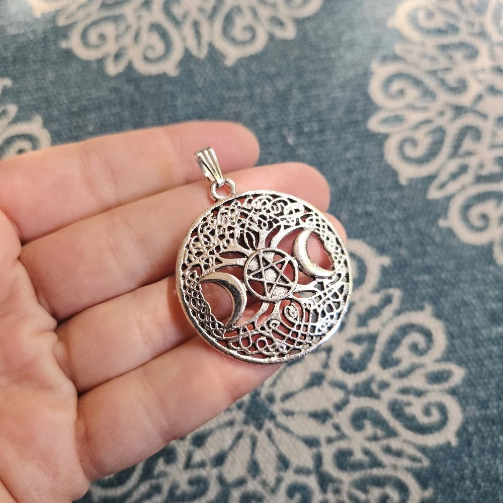 New Silver Tree of Life Pentagram Moon Pendant